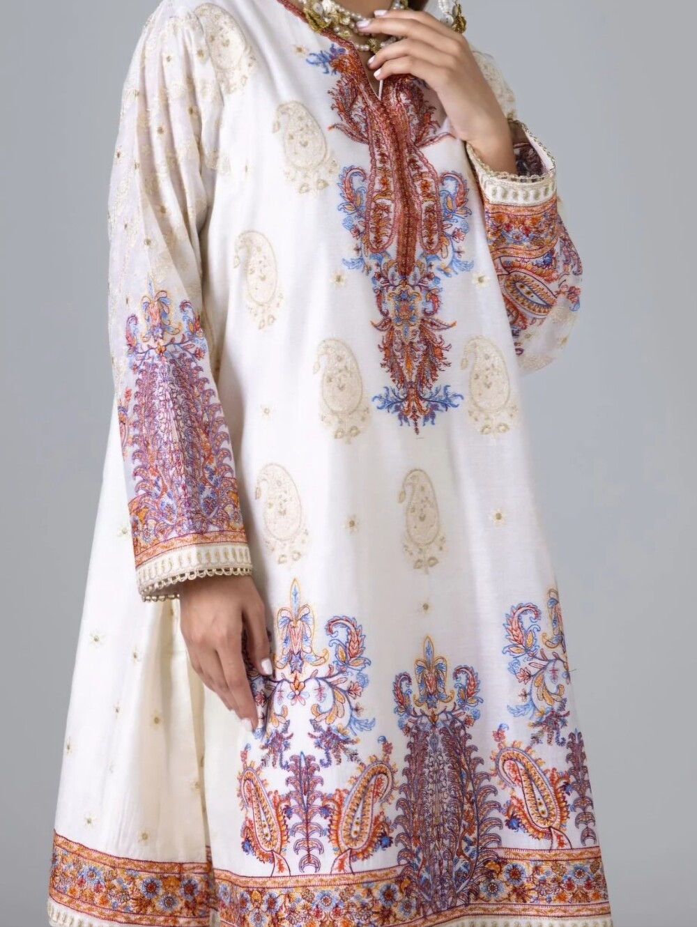 Ivory Embroidered Paisley Tunic Top with Rust & Blue Accents